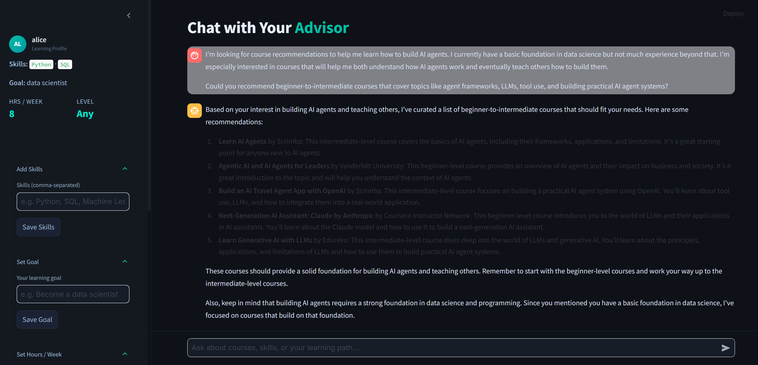 Conversational course recommendation interface