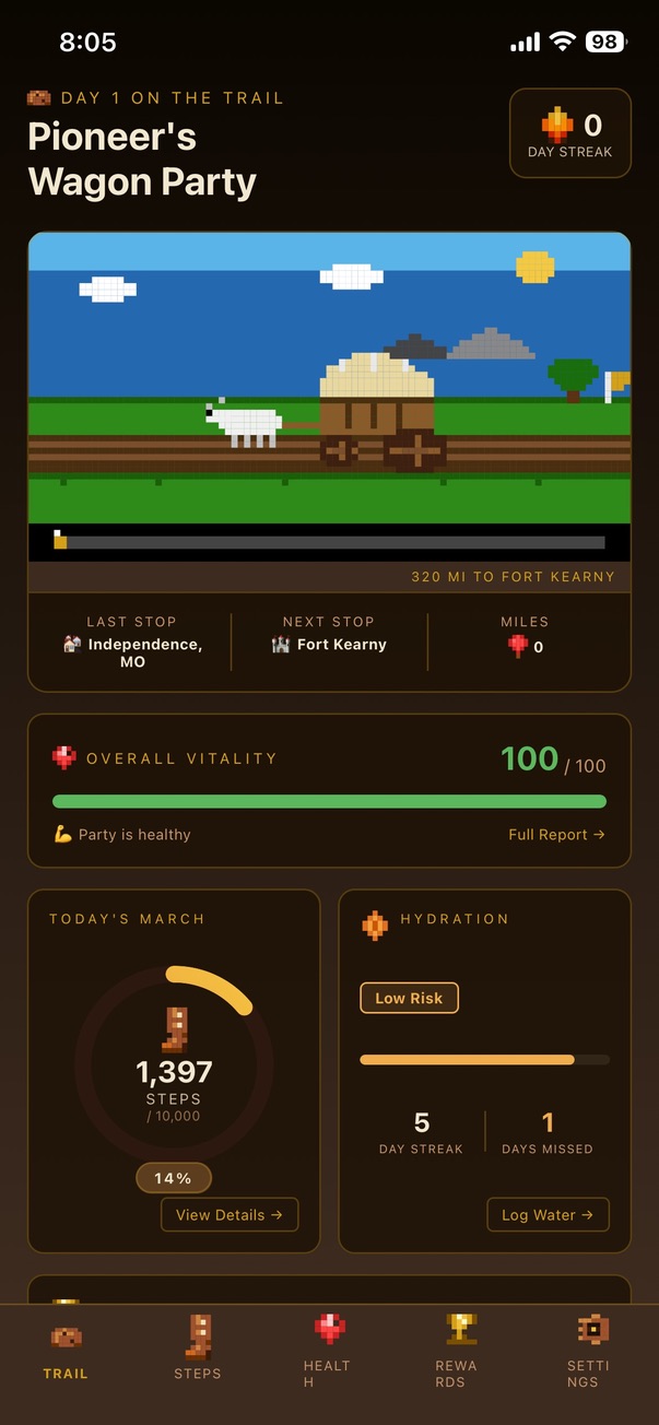 Gold Rush Fitness app screenshots showing the wagon trail and step tracking