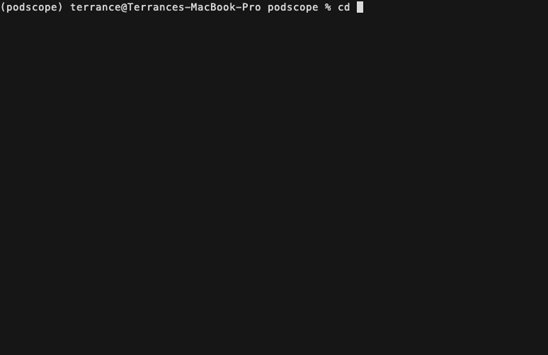 Terminal running the Podscope TUI, pointing it at a YouTube video and walking through the transcription and summarization pipeline